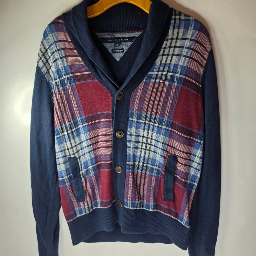 Tommy Hilfiger Mens M Plaid Cardigan Sweater Shawl Collar Luxury Blend Navy Red